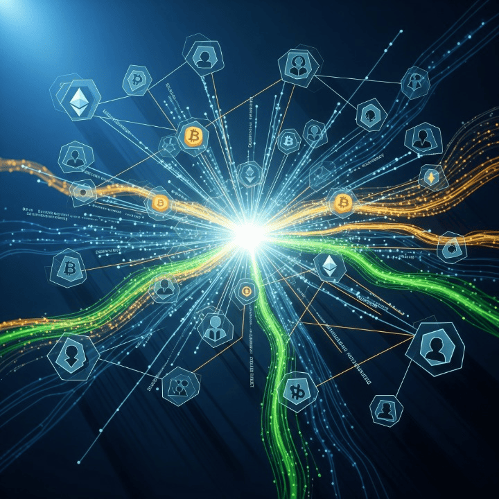 Abstract representation of a Decentralized Autonomous Organization (DAO) with interconnected nodes on a blockchain, symbolizing collective governance and the future of finance.