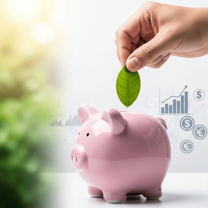 A hand gently placing a green leaf into a piggy bank, representing ethical banking and sustainable financial growth aligned with personal values.
